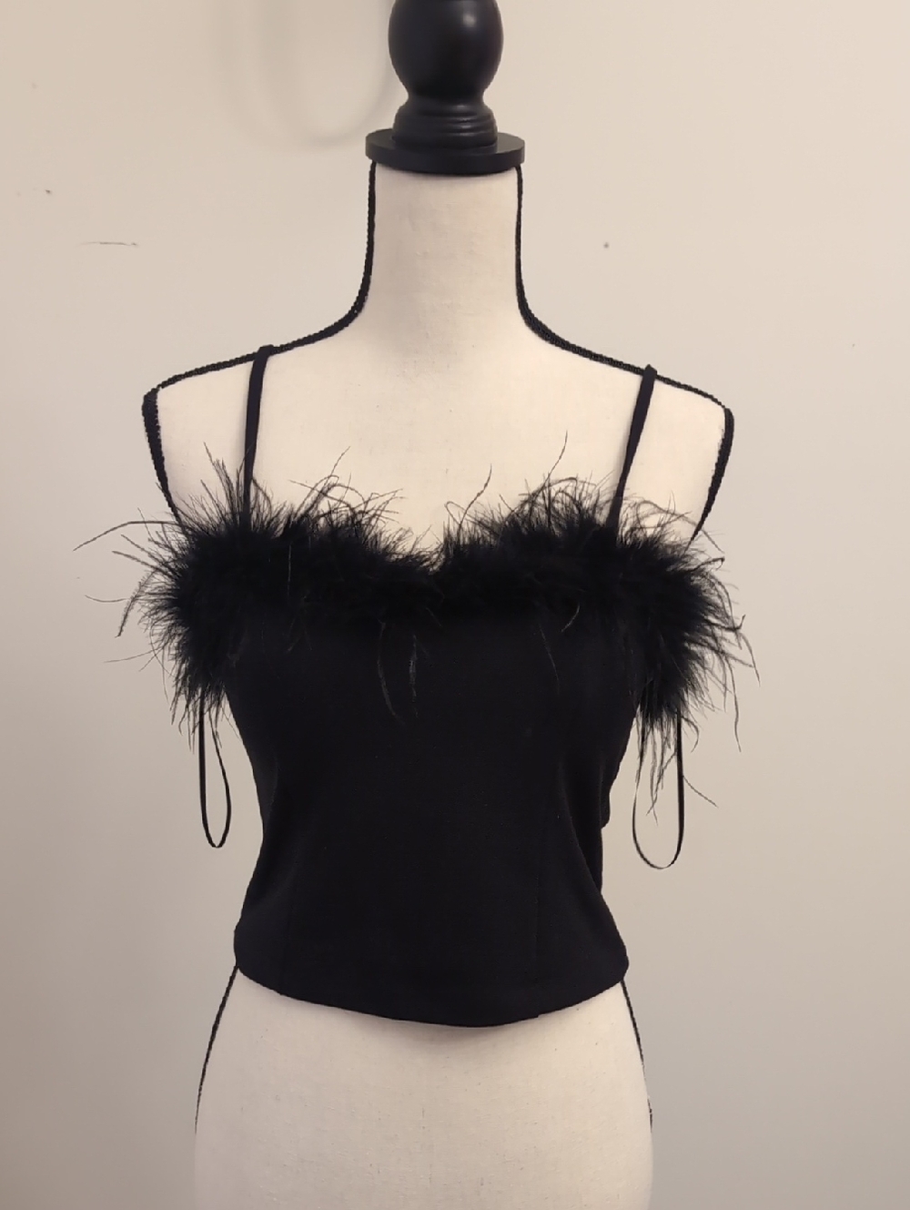 Women's Black Feather-Trim Spaghetti Strap Camisole